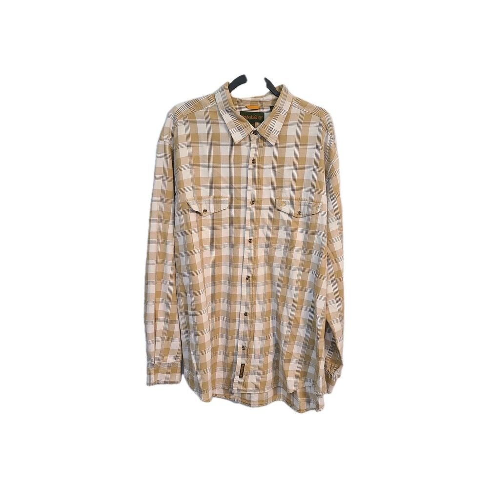VTG Timberland Plaid Button Up Shirt XXL Beige White Check Gorpcore Grunge Skate